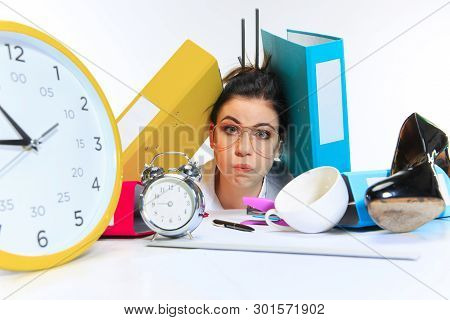 No Strength. Young Woman Getting A Lot Of Work And Deadline, Being Under The Pressure Of The Deals. 