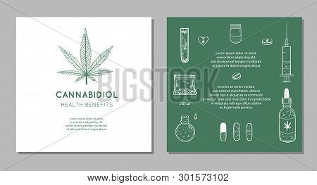 Cannabidiol Health Benefits Vector Background, Banners. Hand Drawn Infographic Set Of Medical Cannab
