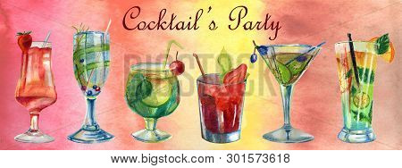 Watercolor Summer Illustration. Set Of Bright Summer Cocktails. Hand-painted Watercolor Pencils.