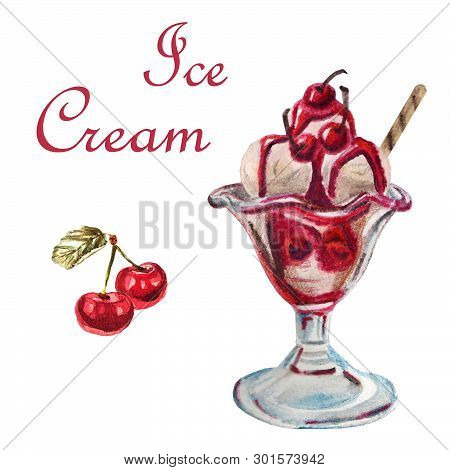 Watercolor Food Illustration. A Delicious Ice Cream Dessert In The Bowl