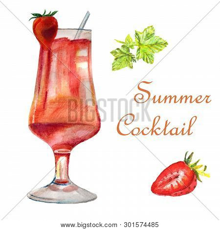 Watercolor Bright Summer Illustration. Delicious Cocktail With Strawberry