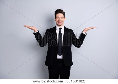 Portrait Of Handsome Stylish Sales Agent Discount Present Demonstrate Advert Options Choice Decision