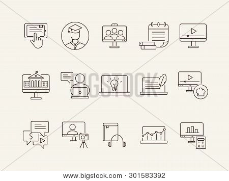 Digital Course Line Icon Set. Student, Computer, Lection. E-learning Concept. Can Be Used For Topics