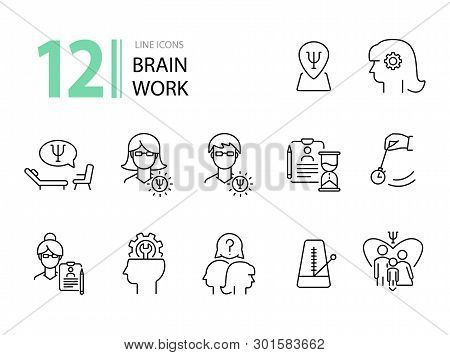 Brain Work Line Icon Set. Human Head, Gear, Psychologist Office. Psychology Concept. Can Be Used For