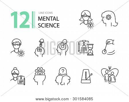 Mental Science Line Icon Set. Patient, Psychologist, Brain Work. Psychology Concept. Can Be Used For