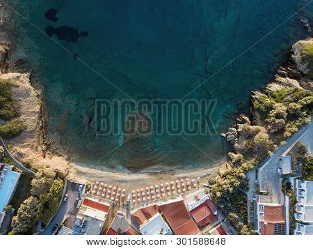 Aerial Drone Photo Of Beautiful Mononaftis Beach, Greece