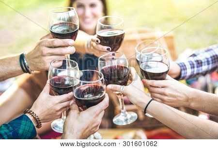Hands Toasting Red Wine And Friends Having Fun Cheering At Winetasting Experience - Young People Enj