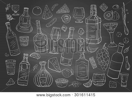 Set Of Hand Drwan Different Alcohol Drinks And Bottles On Chalkboard.