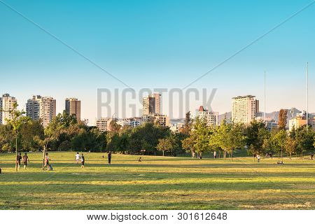 Santiago, Region Metropolitana, Chile - November 19, 2018: People Enjoying A Summer Evening In Parqu