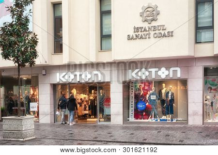 Turkey, Istanbul - April 14, 2019:  Koton Shop Windows On The Istiklal Avenue, Istanbul.