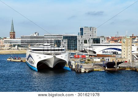 Aarhus, Denmark - July 20, 2017: The High-speed Ferries Express 1 Und Express 2 Of The Shipping Comp