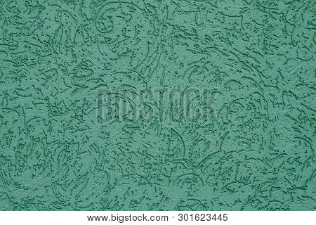 Texture Of Green Ribby Stucco On Cement Wall. Corrugated Paper Green Painted. Abstract Green Backgro