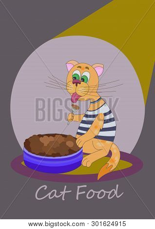 The Cat Eats From A Bowl. Cat Food.