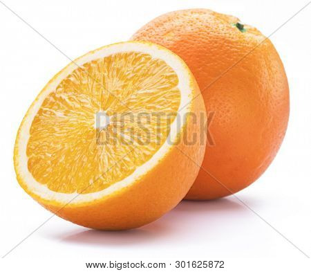 Orange fruit with orange slice isolated on white background.