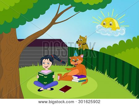 Cat And Girl Reading In Vector Illustration