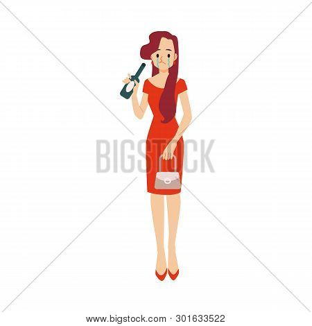 Lonely Unhappy Drunk Woman With Bottle In Depression Or Relationship Breakdown.