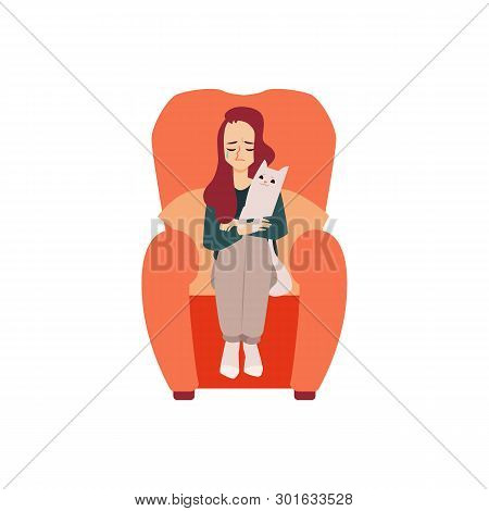 Lonely Unhappy Woman With Cat Suffers From Depression Or Relationship Breakdown.