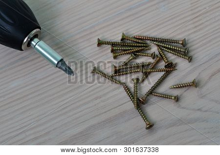 Electric Screwdriver And Screws On A Wooden Table.