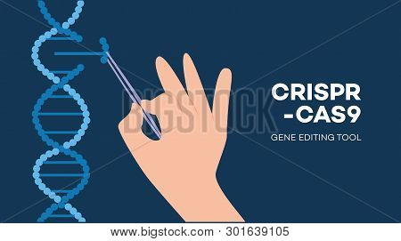 Crispr-cas9 Text And Hand With Tweezers Holding Element Of Dna Helix Flat Style