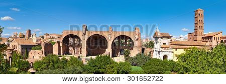 Panoramic Image Of Ruined Basilica Of Maxentius And Constantine, Forum Romanum In Rome, Italy