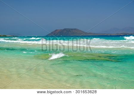 View On The Island Lobos From The Beach Corralejo On The Canary Island Fuerteventura, Spain.