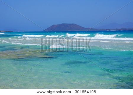 View On The Island Lobos From The Beach Corralejo On The Canary Island Fuerteventura, Spain.