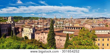 Rome, Italy, Bird View To The Side Of Capitol Hill With Rouins Of The Roman Forum On The Bright Day