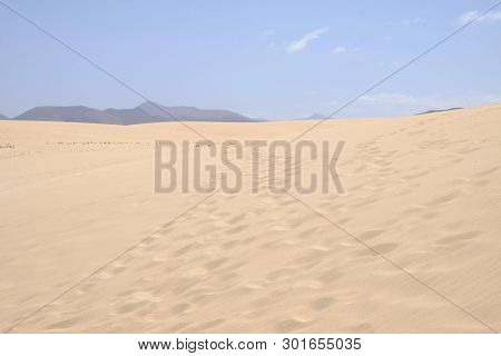 Sand Dunes In National Park Corralejo, Fuerteventura, Canary Islands, Spain.
