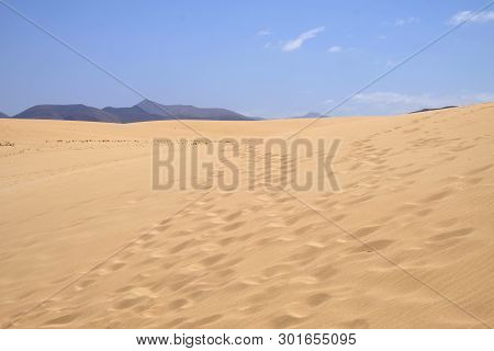 Sand Dunes In National Park Corralejo, Fuerteventura, Canary Islands, Spain.