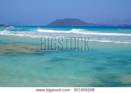View On The Island Lobos From The Beach Corralejo On The Canary Island Fuerteventura, Spain.