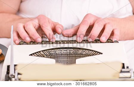 Vintage Typewriter Concept. Hands Typing Retro Writing Machine. Old Typewriter And Authors Hands. Ma