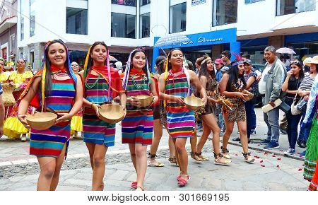 Cuenca, Ecuador-april 11,2019: Folk Dancers Represent Variety Of Ecuadorian Culture In Traditional D