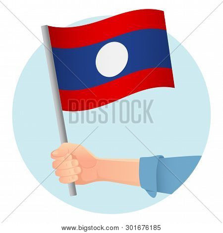 Laos Flag In Hand. Patriotic Background. National Flag Of Laos Vector Illustration
