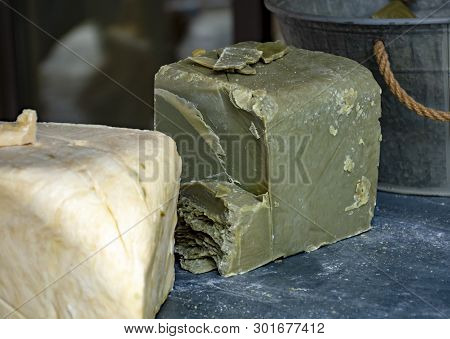 Hand Made From Natural Ingredients And Oils Soap In Blocks In Shop Close Up