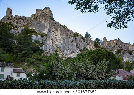 View On Medieval Houses And Castle Ruines In Provence, South Of France, Vacation And Tourist Destina