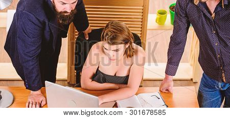 Sexy Girl Big Boobs Working In Mostly Male Workplace. Desirable Sexy Lady Boss. Woman Sexy Attractiv