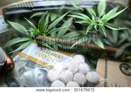 Drug Dealer Concept With Money, Pills, Gun & Marijuana Leaves High Quality
