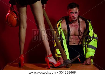 Work In The Mine. Sexual Worker. Dominance And Submission. Lady Boss And Laborer In Uniform. Reward 
