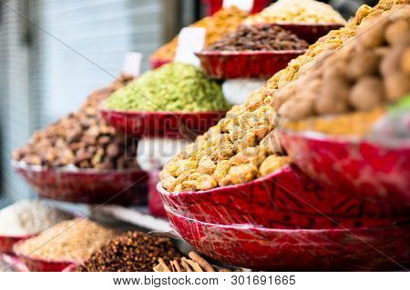 Shallow Focus Shot Of Shops Selling Variety Of Spices