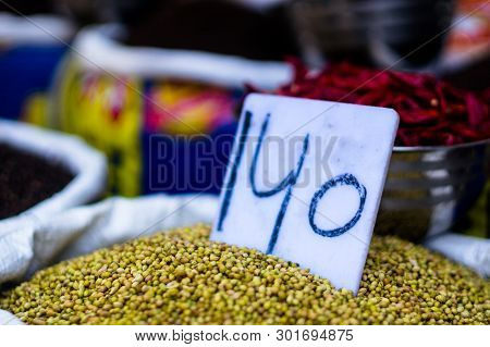 Pulses Placed In Steel Drums With Price Tags Ready For Sale