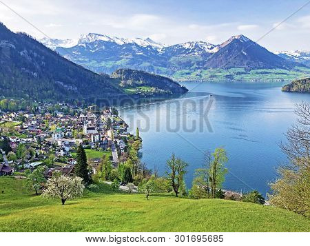 View Of Lake Lucerne Or Vierwaldstaetersee With Vitznau Settlement And Swiss Alps In The Background 