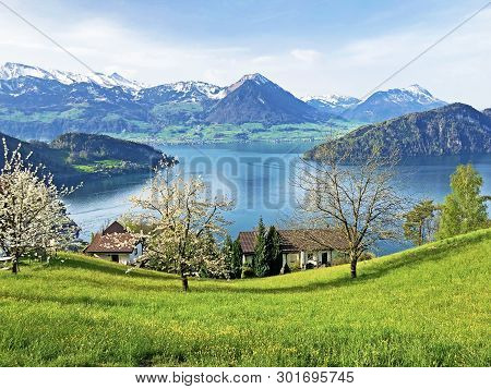 View Of Lake Lucerne Or Vierwaldstaetersee With Vitznau Settlement And Swiss Alps In The Background 