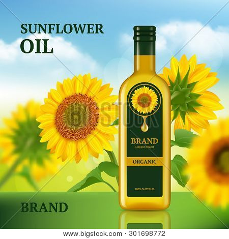 Sunflower Oil. Advertizing Design Template For Magazine Chef Liquid Product In Bottle Vector Backgro