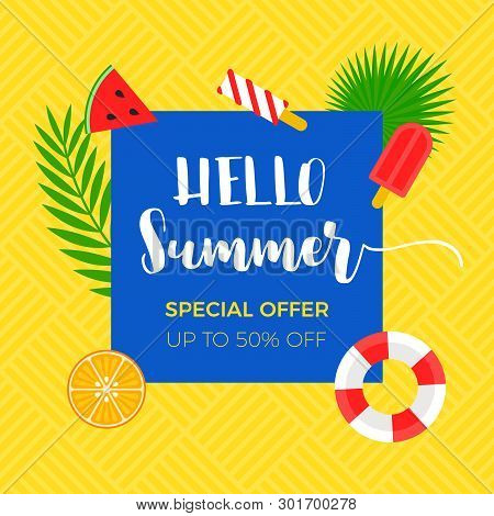 Summer Sale Banner With Summer Related Object, Vector Illustration