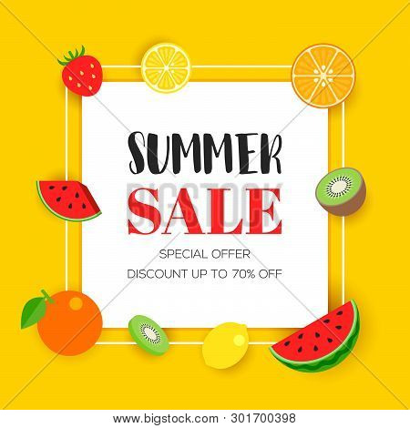 Summer Sale With Tropical Fruit Background, Vector Illustration
