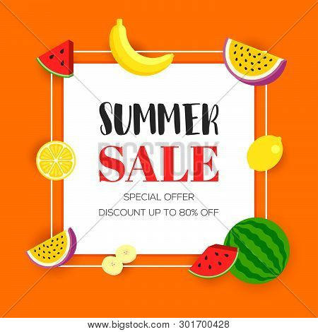 Summer Sale With Tropical Fruit Background, Vector Illustration