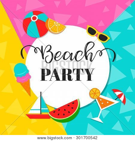Colorful Background With Summer Beach Party Object, Vector Illustration
