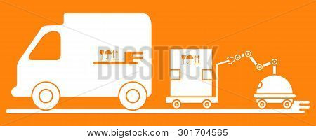 Vector Illustration With Robot Loader Loads Boxes Into A Truck. Automation Warehouse Processes. Smar