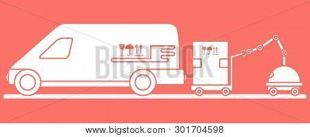 Vector Illustration With Robot Loader Loads Boxes Into A Car. Automation Warehouse Processes. Smart 