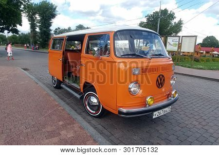 Moscow, Russia - May 03, 2019: Orange Classic Volkswagen Transporter T2 (type 2) Retro Vehicle Parke